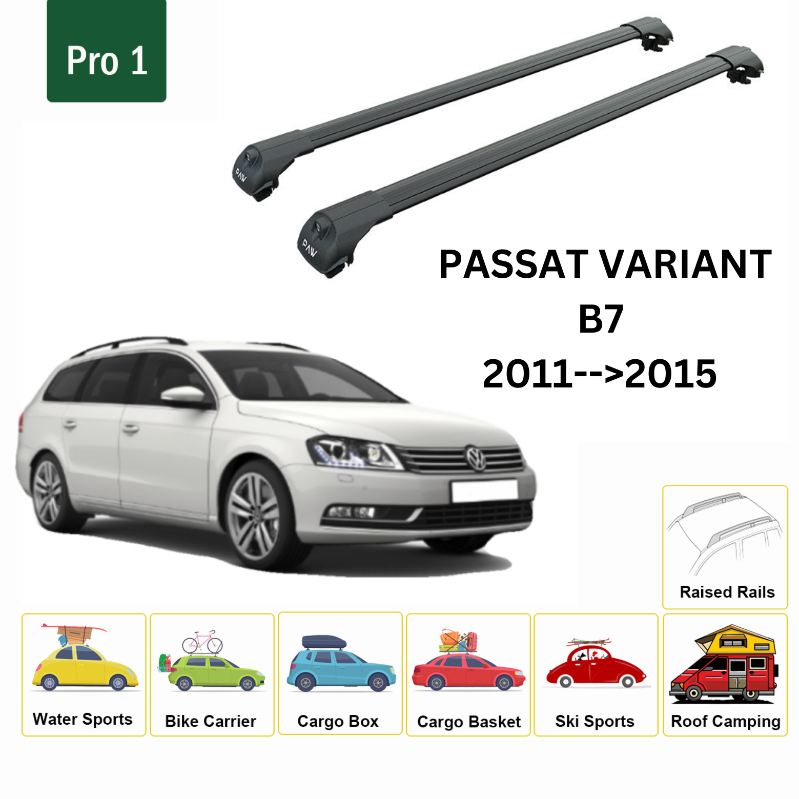 For Volkswagen Passat Variant B7 2011-15 Roof Rack Cross Bar Raised Rail Alu Black For Volkswagen Passat Variant B7 2011-15 Roof Rack Cross Bar Raised Rail Alu Black